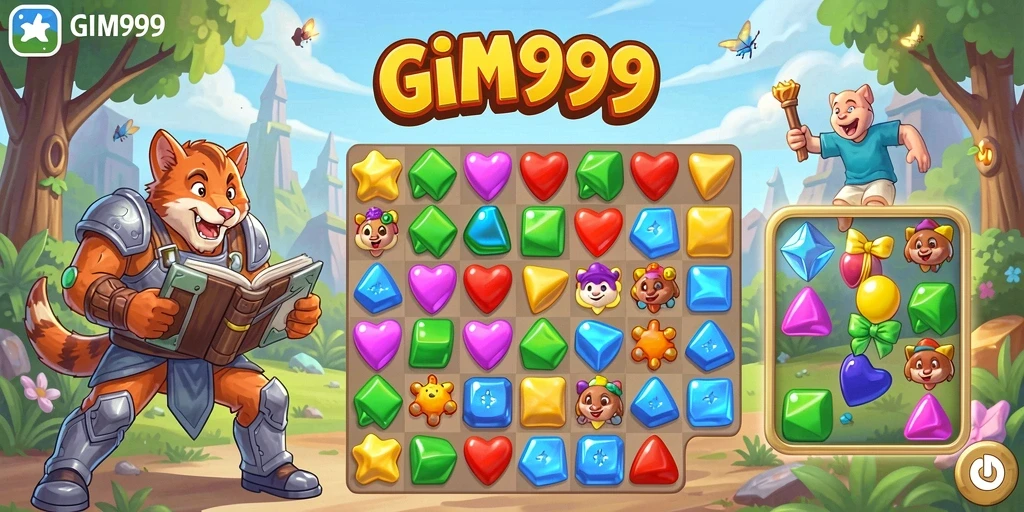 Tampilan menyenangkan dari gameplay GIM999 saat mencocokkan permata.