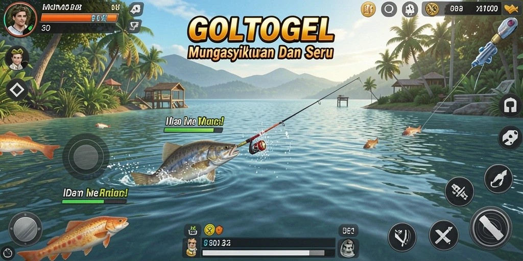 Tampilan gameplay GOLTOGEL dengan berbagai ikan dan lokasi menawan.