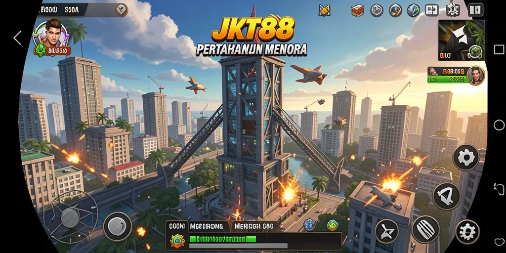 Tampilan gameplay seru JKT88 dengan menara yang strategis.
