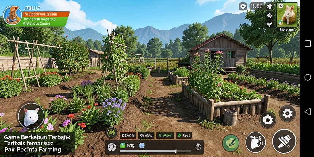 Tampilan gameplay JTBLUE menampilkan kebun yang subur dan beragam tanaman.
