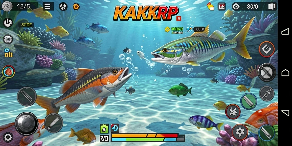 Tampilan gameplay KAKRP dengan aksi menembak ikan yang seru.