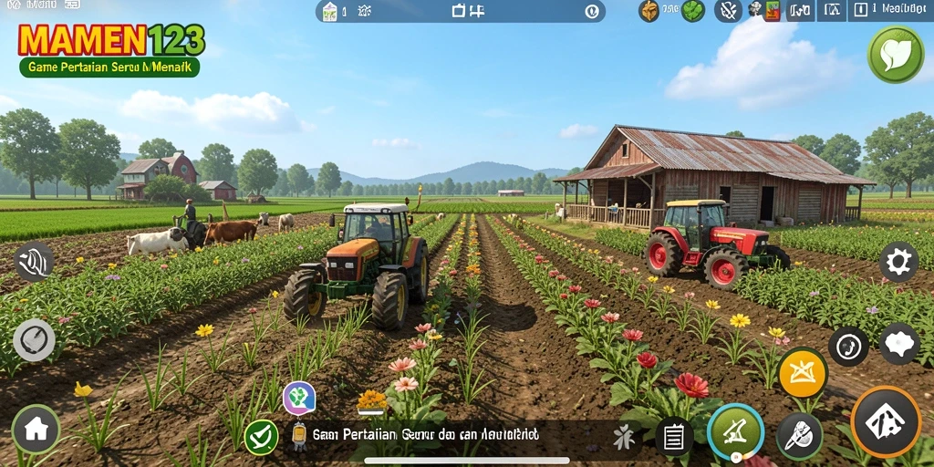 Screenshot gameplay MAMEN123 menampilkan kebun yang subur dan berwarna-warni.