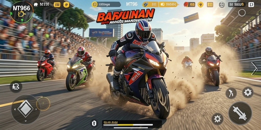 Tampilan gameplay balapan motor yang mendebarkan dan cepat.