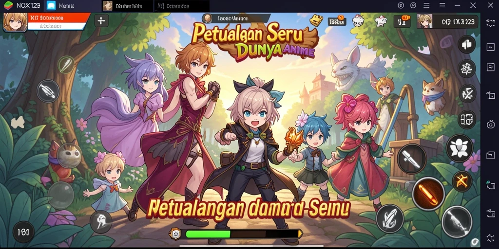 Screenshot utama NOX123 menampilkan aksi pertempuran seru dengan karakter anime.