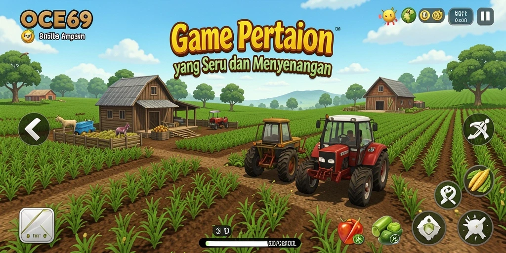 Tampilan gameplay OCE69 dengan aktivitas bertani yang seru.