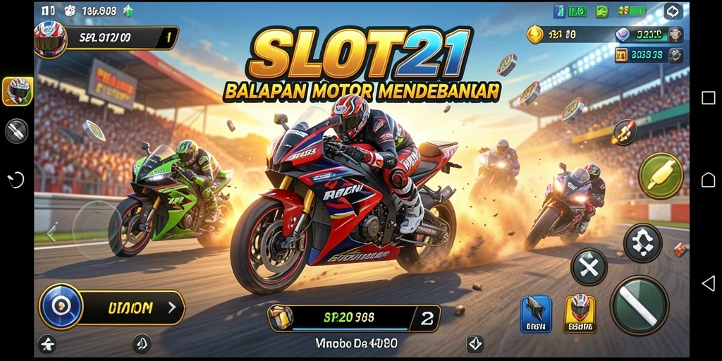 Screenshot utama SLOT21 menampilkan balapan motor yang seru di trek menantang.