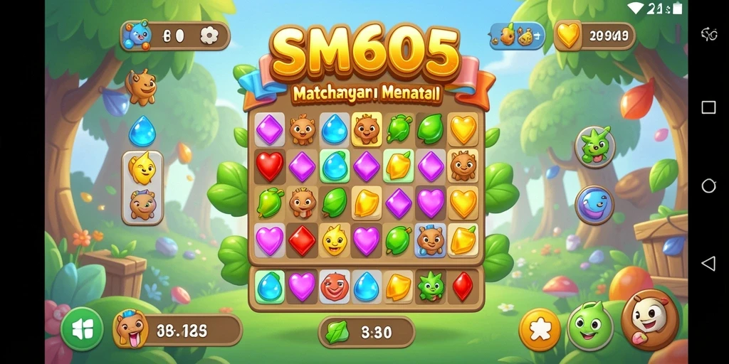 Screenshot gameplay SM605 yang menampilkan tantangan Match-3.
