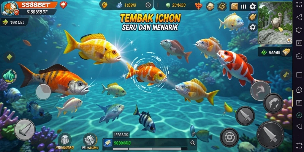 Tampilan gameplay SS88BET menampilkan aksi menembak ikan yang seru.