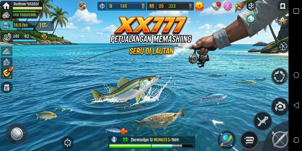 Tampilan gameplay seru dalam XXX777 saat menangkap ikan di lautan.